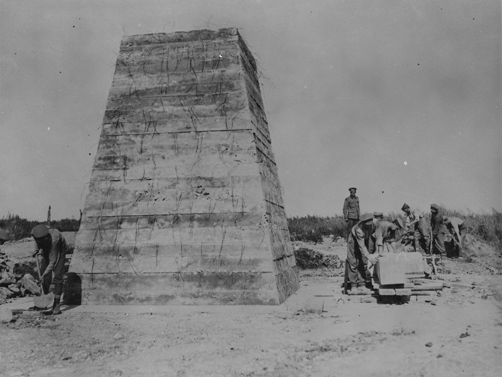 A Memorial under construction to the men of the Canadian Artillery who fell during the Vimy Advance in April 1917. This photo shows the construction of the Canadian Artillery Memorial near the village of Thélus is a commune in the Pas-de-Calais department in the Hauts-de-France region of France in September 1917. The CEFRG Blog is also under construction.MIKAN No. 3379677