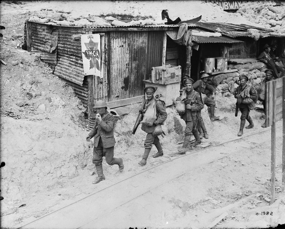 78th (Winnipeg Grenadiers) Battalion men leaving Y.M.C.A. Dugout near front line, September 1917