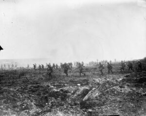 This original photo showing the advance on Vimy Ridge, was later retouched by official photographer W.I. Castle for exhibition purposes related to the Canadian War Records Office exhibitions of battle pictures (see Mikan # 3192389 for retouched version). MIKAN No. 3233066