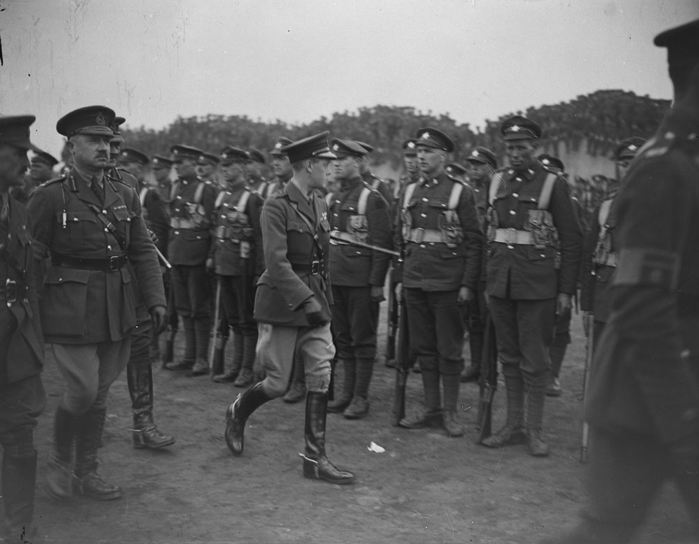 H.R.H. The Prince of Wales presents Colours to 25th, 27th, 28th and 29th Canadian Infantry Battalions. Sir Arthur Currie attending. Witley Camp, 7 May 1919. MIKAN No. 3523055