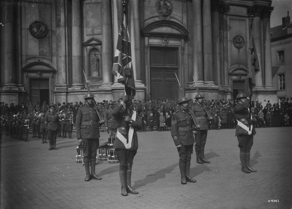 Presentation of Colours to 31st Battalion, Namur Cathedral Square, 6 April 1919. MIKAN No. 3522699 31st (Alberta) Battalion