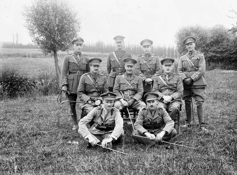 Headquarters staff, 2nd Canadian Infantry Brigade. France. June, 1916. (Front row,L-R): Captains W.H. Collum, P. MacKenzie. (Centre row,L-R): Major J.M. Prower, Brigadier-General L.J. Lipsett, Major B.M. Humble. (Rear row,L-R):Major H.W. Harbord, Captains H.E. Knobel, G. Norton, T.H. Raddall. MIKAN No. 3520907