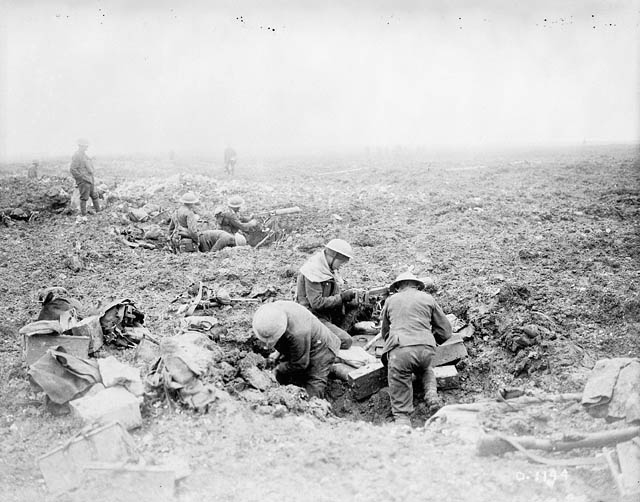 Canadian machine gunners dug in shell holes in Vimy advance. MIKAN No. 3521872