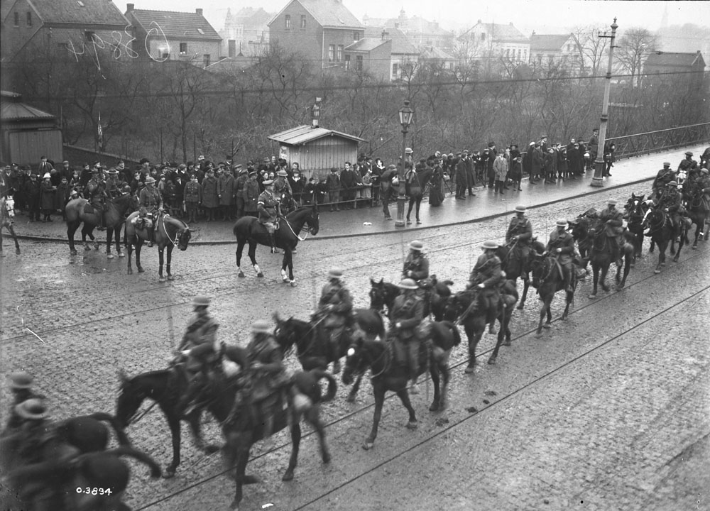 1918-12-13 3522419 O-3894 PA-003770 General Sir Arthur Currie takes the salute as the British Cavalry cross the Rhine at Bonn. December 13, 1918 