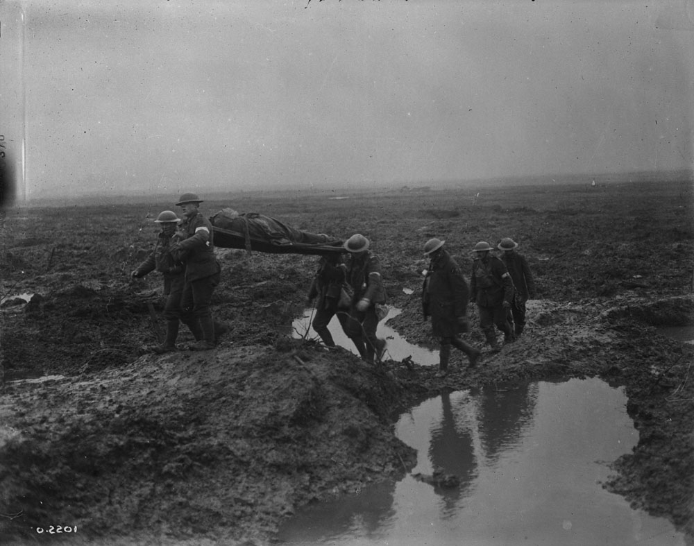 Wounded Canadians on way to aid-post during the Battle of Passchendaele.